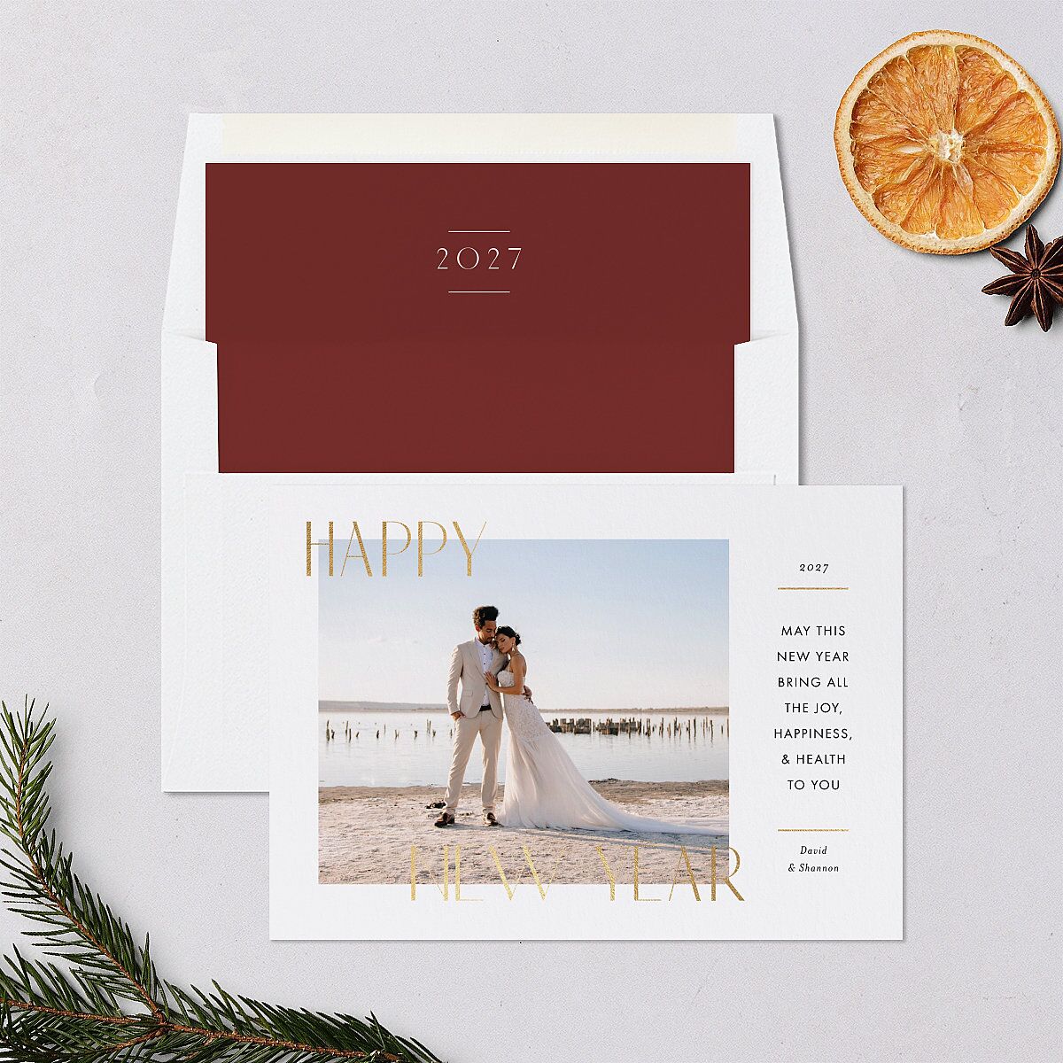 Joyous New Year Holiday Cards Gold Pure White Signature Blank Landscape Standard