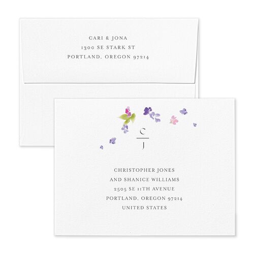 Scattered Blossoms Thank You Card Envelopes White Amethyst Both Recipient and Return Addresses Signature Standard