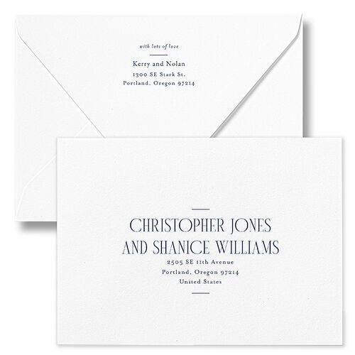 Cosmopolitan Rehearsal Dinner Invitation Euro Envelopes White Navy Both Recipient and Return Addresses Luxe Signature