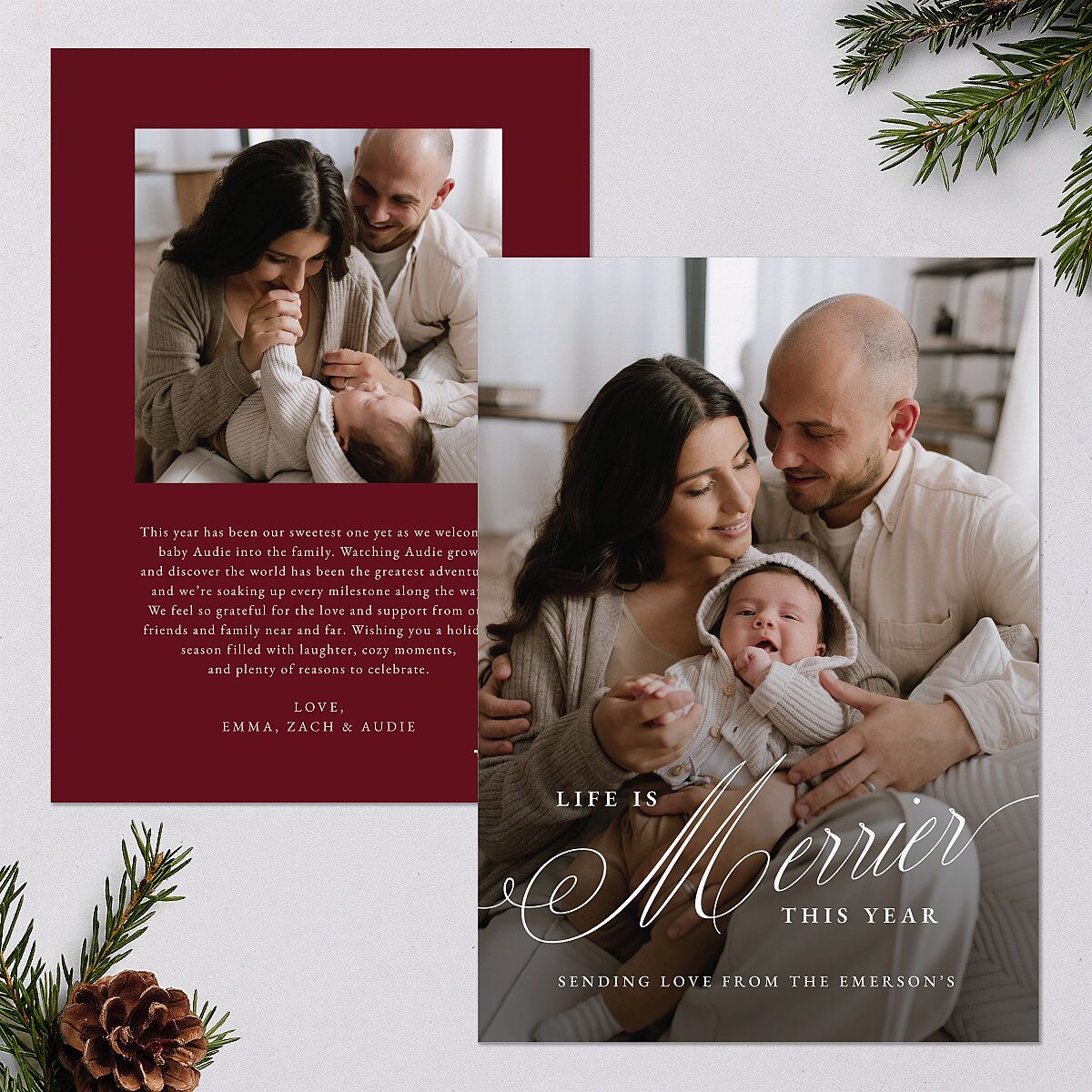 Life is Merrier Calligraphy Photo Holiday Cards Merlot Signature Blank Portrait Standard