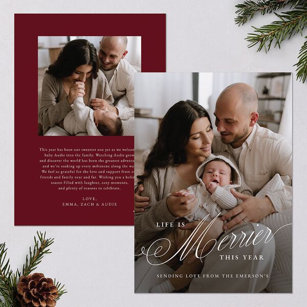 Life is Merrier Calligraphy Photo Holiday Cards Merlot Signature Blank Portrait Standard