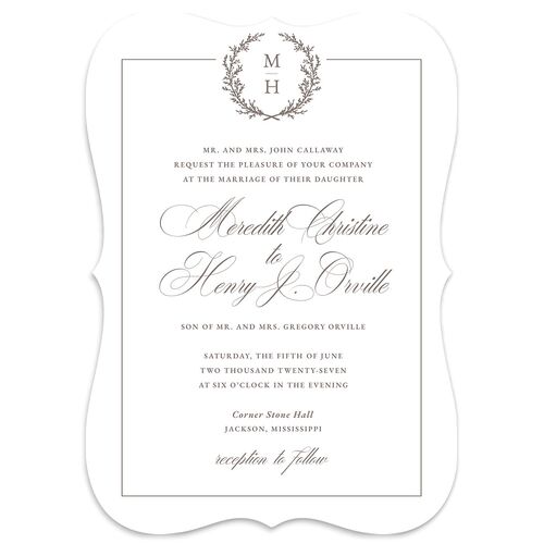 Monogram Branches Botanical Wedding Invitations Steel Gray Signature Blank No Bracket