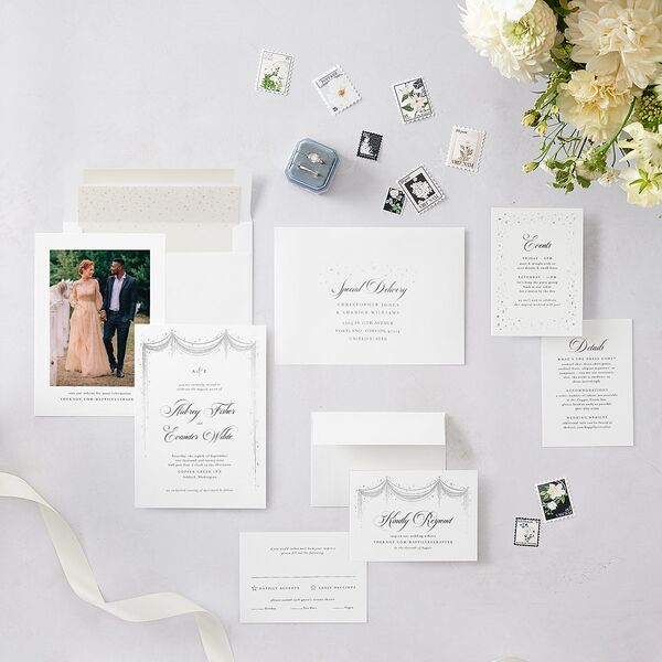 Fairytale Luxury Foil Wedding Invitations Silver Pure White Signature Blank No Standard