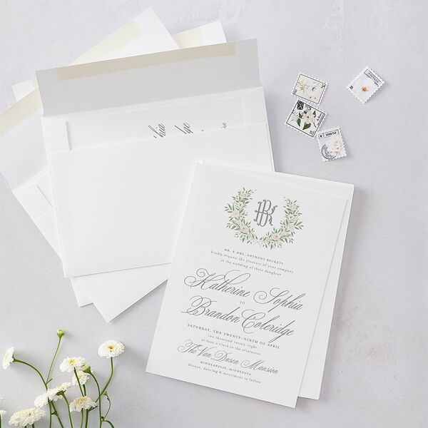 Luxury Floral Monogram Wedding Invitations Cotton Signature Blank No Standard