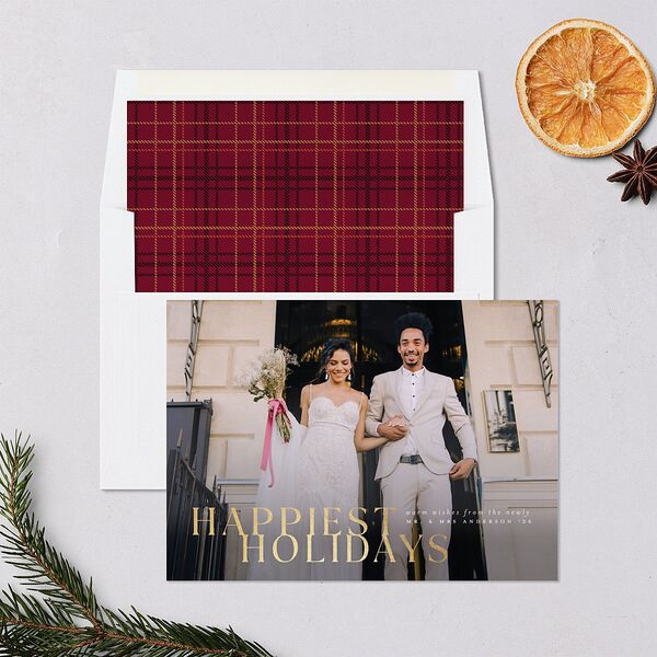 Happiest Holidays Holiday Cards Gold Merlot Signature Blank Standard Landscape