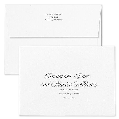 Elegant Oval Monogram Wedding Invitation Envelopes White Standard Sand Both Recipient and Return Addresses Signature