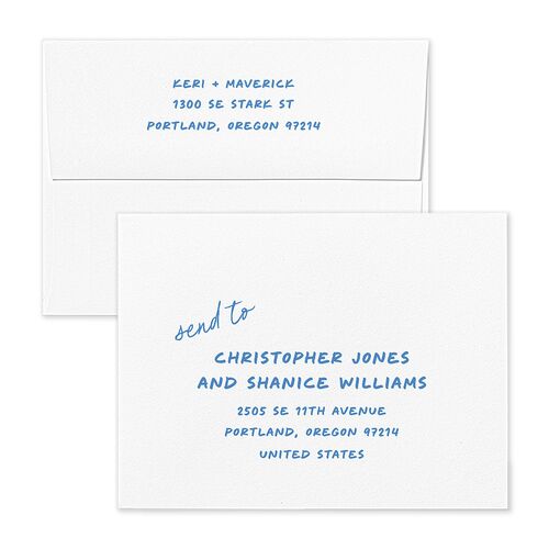 Modern Writing Save the Date Magnet Envelopes White Sea Blue Both Recipient and Return Addresses Signature Standard