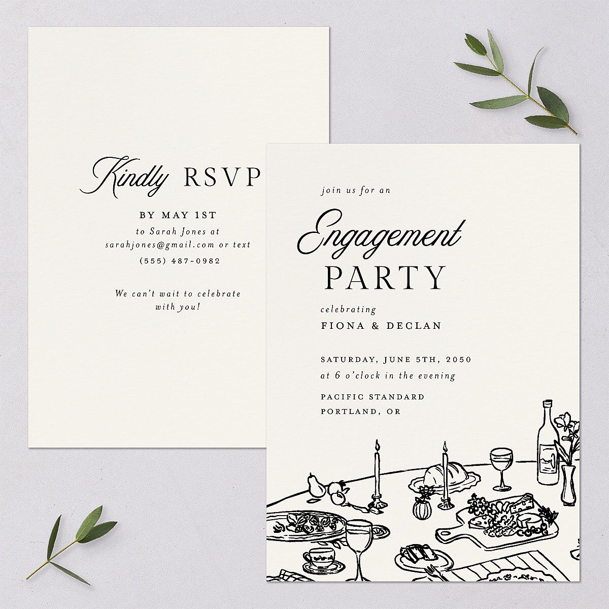 Hand Drawn Tablescape Engagement Party Invitations Ivory Signature Blank Standard
