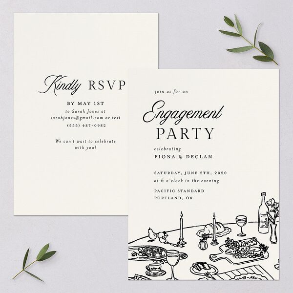 Hand Drawn Tablescape Engagement Party Invitations Ivory Signature Blank Standard