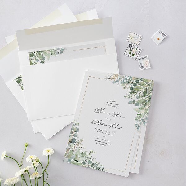 Shining Greenery Wedding Invitations Gold Off-White Signature Blank No Standard