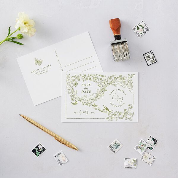 Vintage Toile Save the Date Postcards Dark Camo
