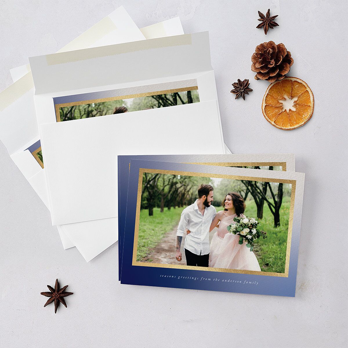 Holiday Hues Holiday Cards Gold Navy Signature Blank Landscape Standard