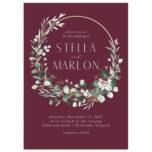 Timeless Floral Hoop Foil Wedding Invitations Gold Merlot Signature Blank No Standard
