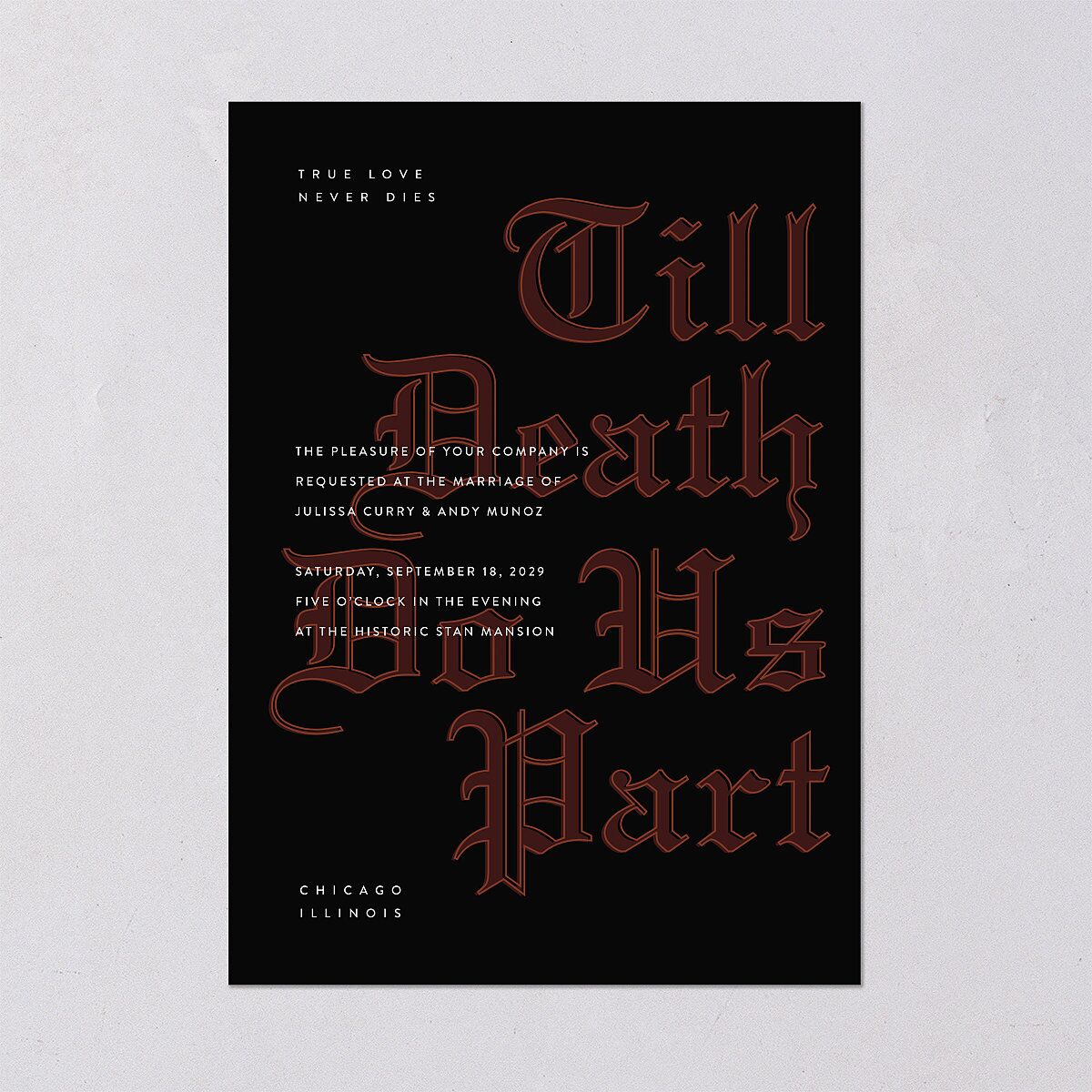 Editorial Gothic Till Death Wedding Invitations Charcoal Signature Blank No Standard