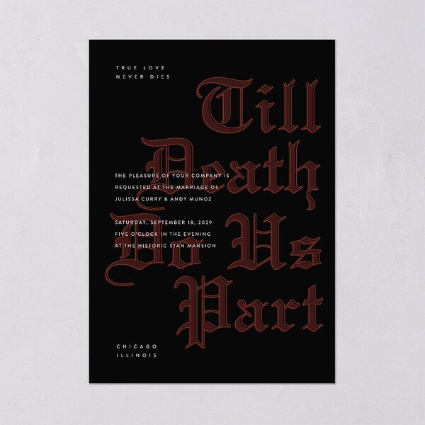 Editorial Gothic Till Death Wedding Invitations Charcoal Signature Blank No Standard