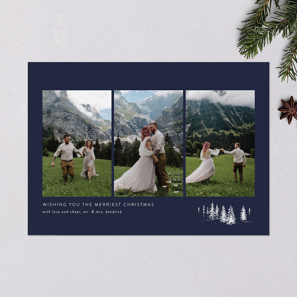 Triptych Trees Holiday Cards Navy Signature Blank Landscape Standard