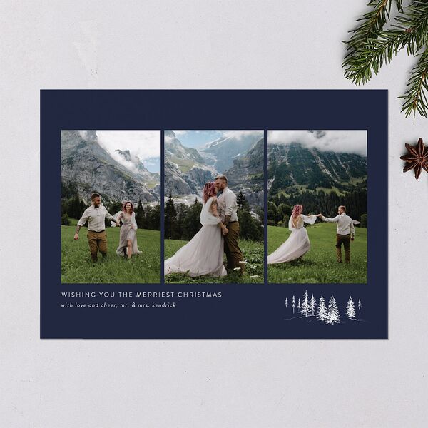 Triptych Trees Holiday Cards Navy Signature Blank Landscape Standard