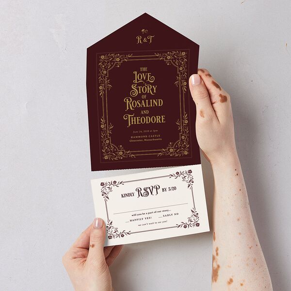 Vintage Storybook All-in-One Wedding Invitations Merlot Signature Light Both Recipient and Return Addresses No