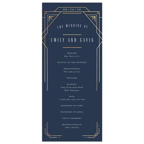 Vintage Deco Wedding Programs Gold Moody Blue Signature
