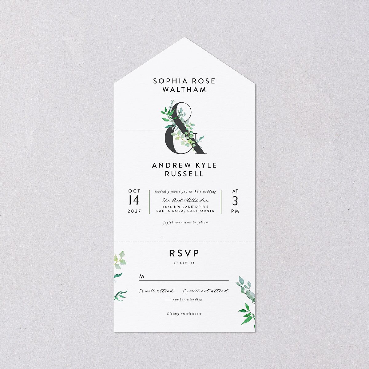 Leafy Ampersand All-in-One Wedding Invitations Eucalyptus Signature Light Both Recipient and Return Addresses No