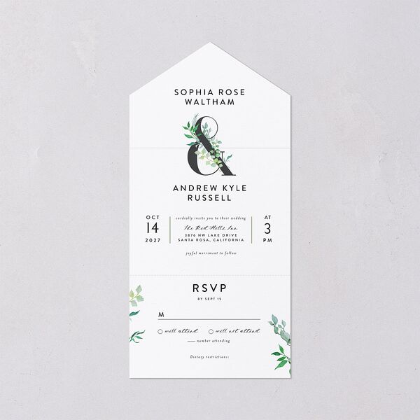 Leafy Ampersand All-in-One Wedding Invitations Eucalyptus Signature Light Both Recipient and Return Addresses No