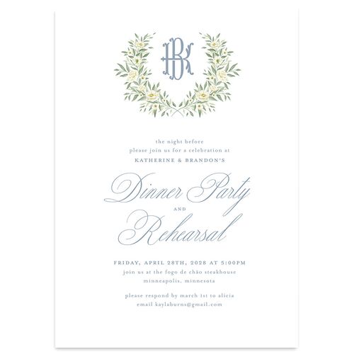 Luxury Floral Monogram Rehearsal Dinner Invitations Sea Blue Signature Blank Standard