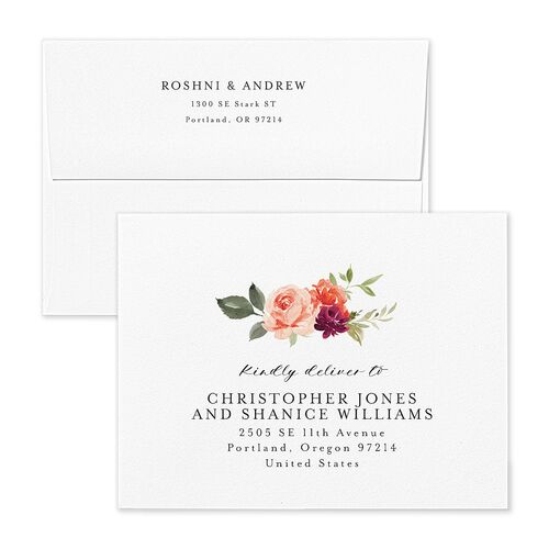 Vibrant Floral Save the Date Petite Card Envelopes White Deep Claret Both Recipient and Return Addresses Signature Standard