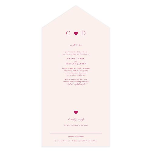 Dainty Heart All-in-One Wedding Invitations Hot Pink No Signature Light Both Recipient and Return Addresses