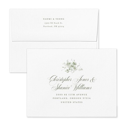Vintage Florals Bridal Shower Thank You Card Envelopes White Deep Olive Both Recipient and Return Addresses Signature Standard