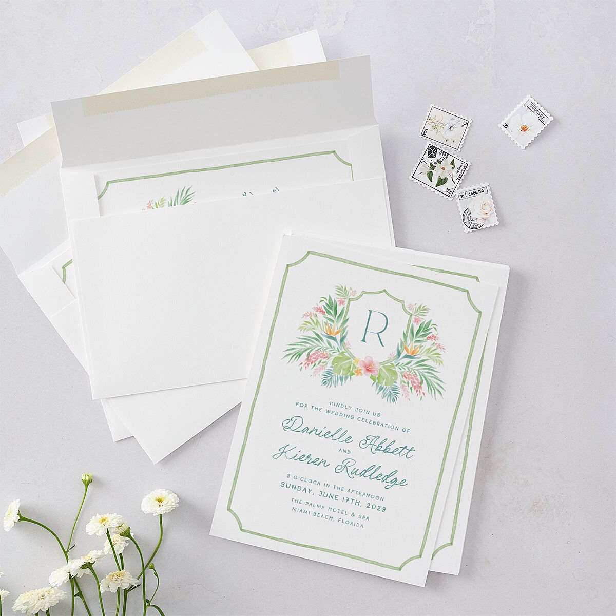 Watercolor Palm Crest Wedding Invitations Avocado Signature Blank No Standard
