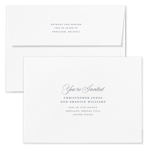 Vintage Oval Monogram Wedding Invitation Envelopes White Dusty Blue Return Address Standard Signature