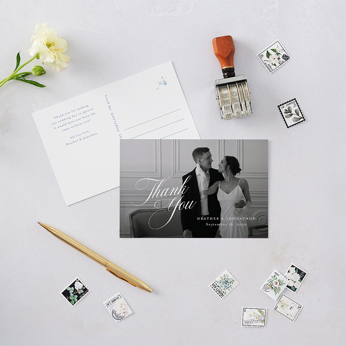 Classic Script Photo Thank You Postcards Regency Blue