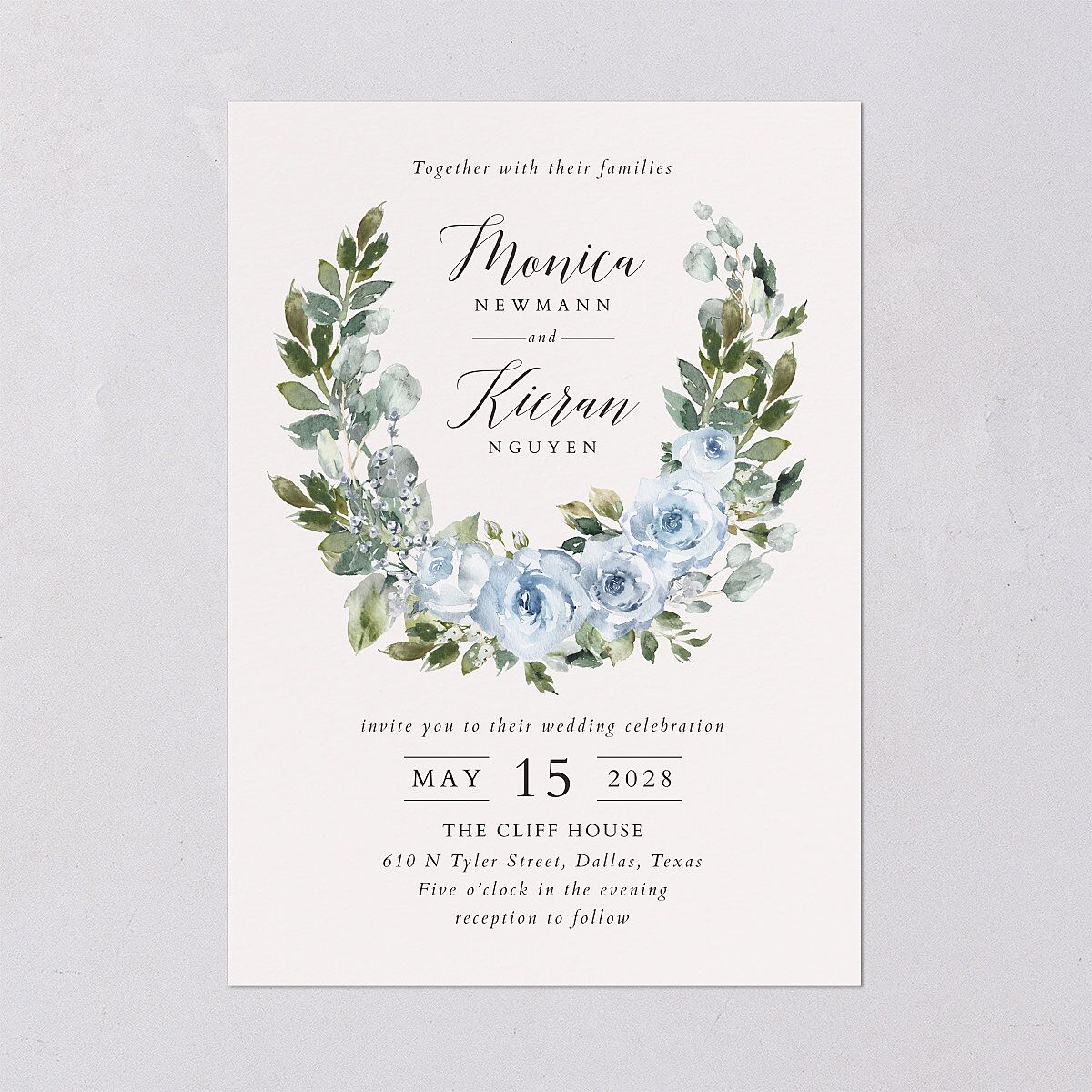 Romantic Laurel Wedding Invitations Dusty Blue Signature Blank No Standard