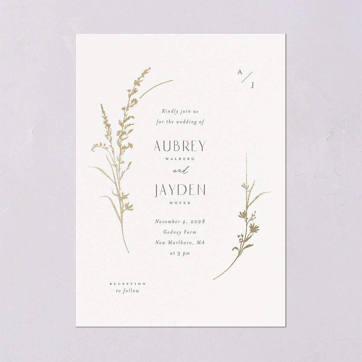 Minimal Wildflower Wedding Invitations Gold Off-White Signature Blank No