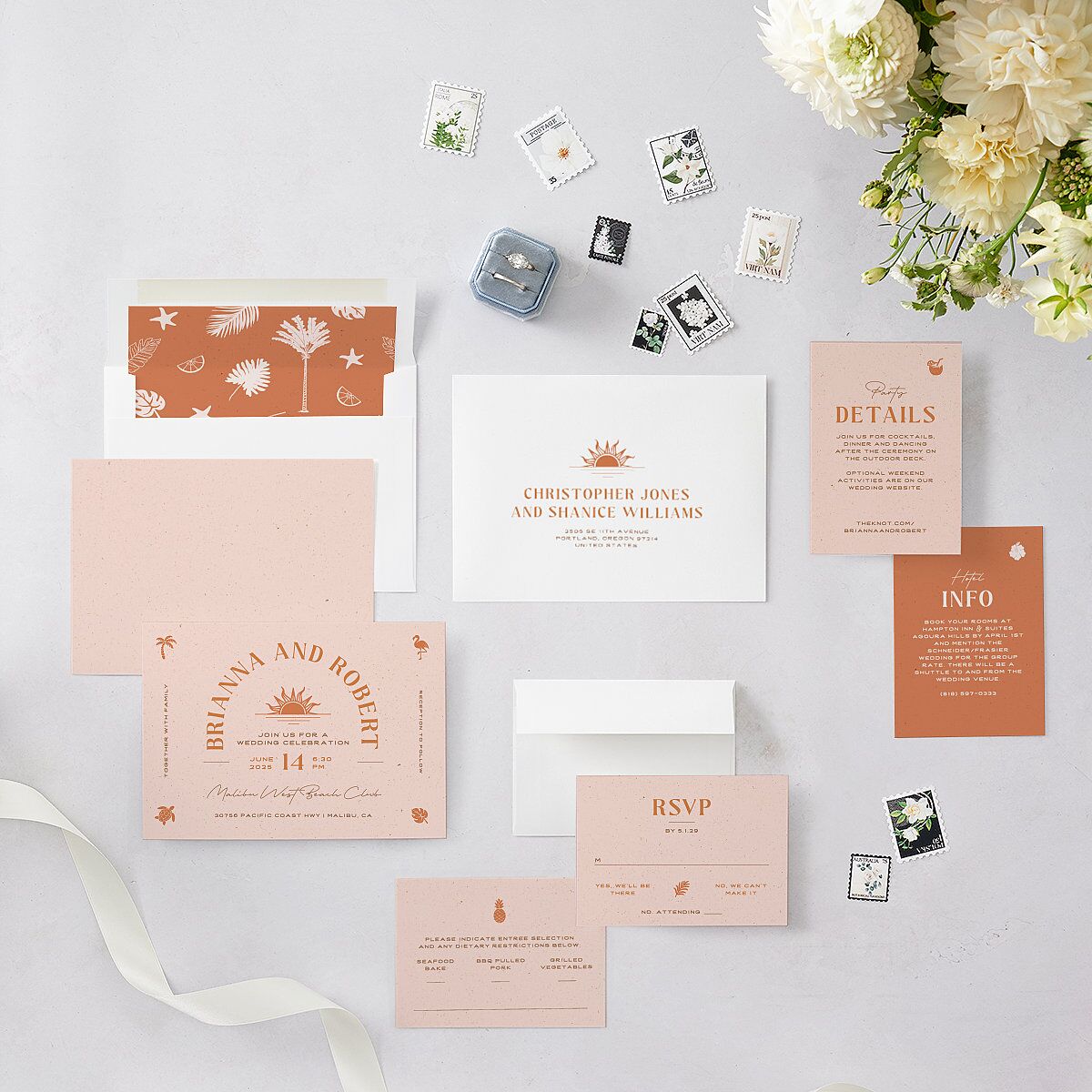 Beach Party Wedding Invitations Pink Cotton Signature Blank No Standard