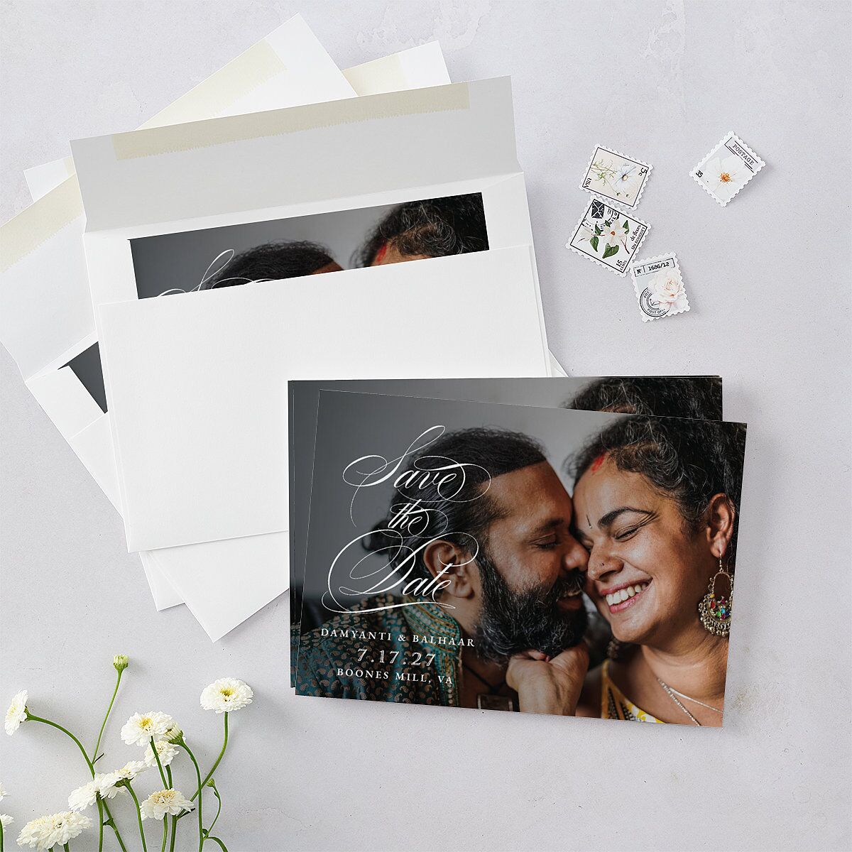 Vintage Flourish Save The Date Cards Pure White Signature smooth Blank No Standard