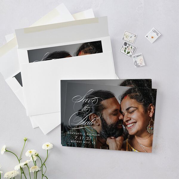 Vintage Flourish Save The Date Cards Pure White Signature smooth Blank No Standard
