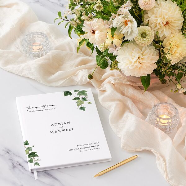 Elegant Ivy Wedding Guest Book Pure White