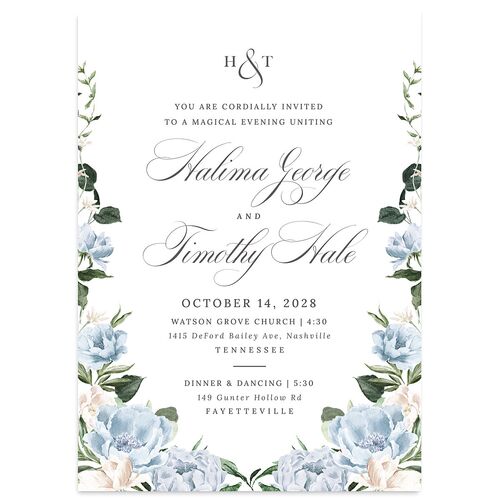 Formal Peony Garden Wedding Invitations Dusty Blue Signature Blank No Standard