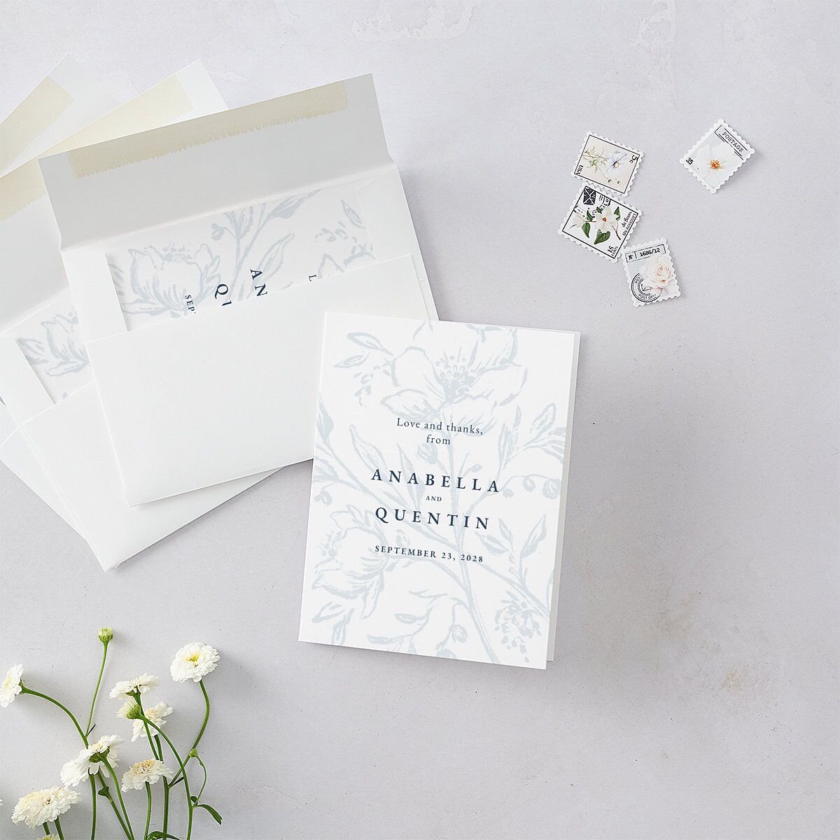 Classic Floral Thank You Cards Dusty Blue