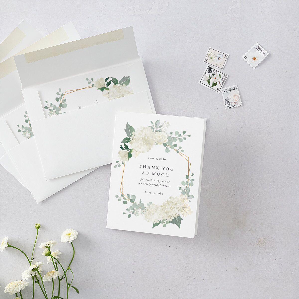 Elegant Hydrangea Bridal Shower Thank You Cards Off-White