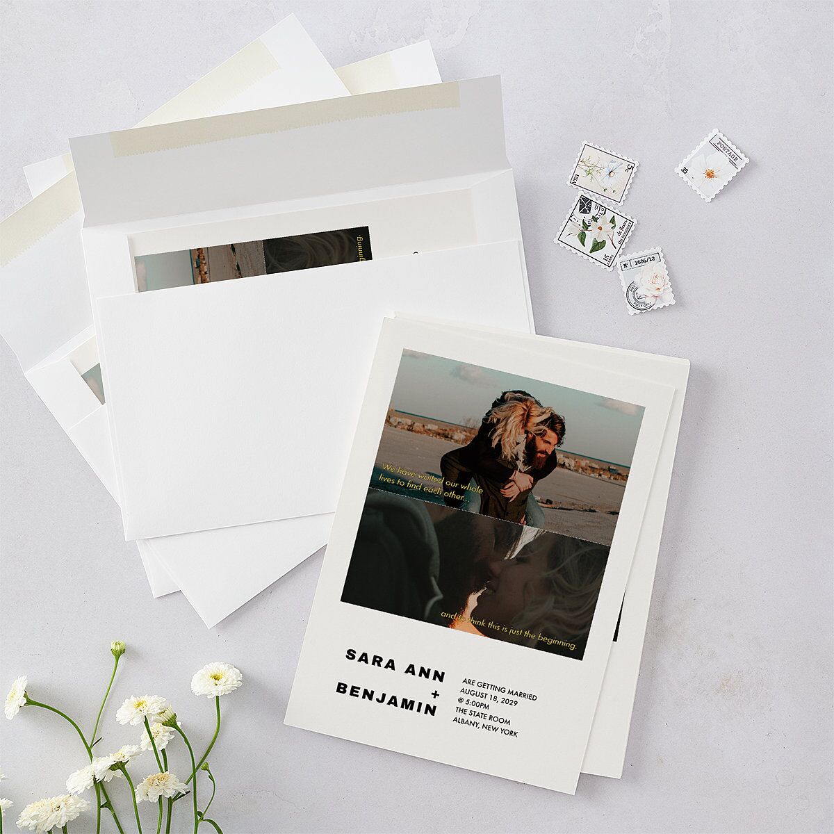 Cinematic Love Story Wedding Invitations Pure White Signature Blank No Standard