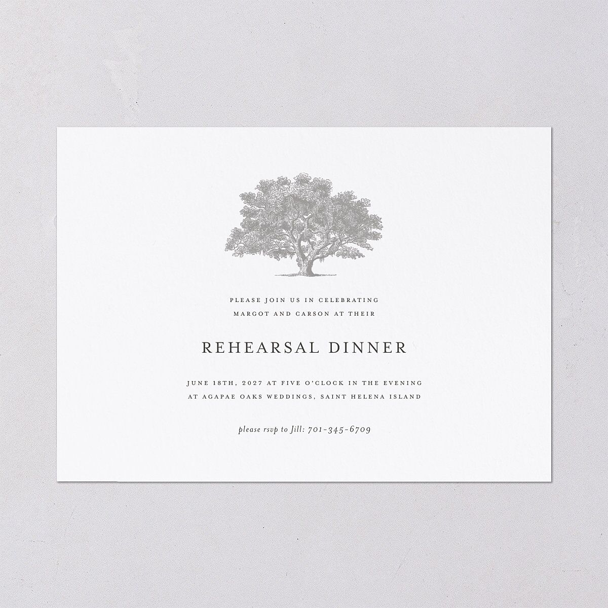 Southern Oak Tree Rehearsal Dinner Invitations Pure White Signature Blank