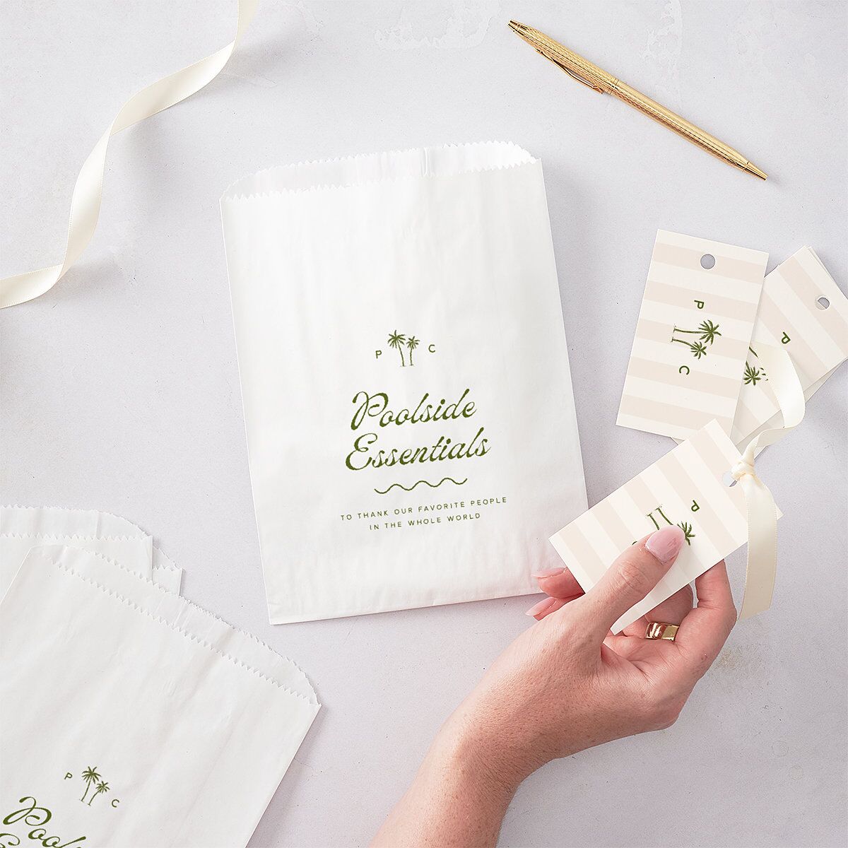 Cabana Stripes Wedding Day Paper Favor Bags Olive White Wax-Lined Food Safe Paper