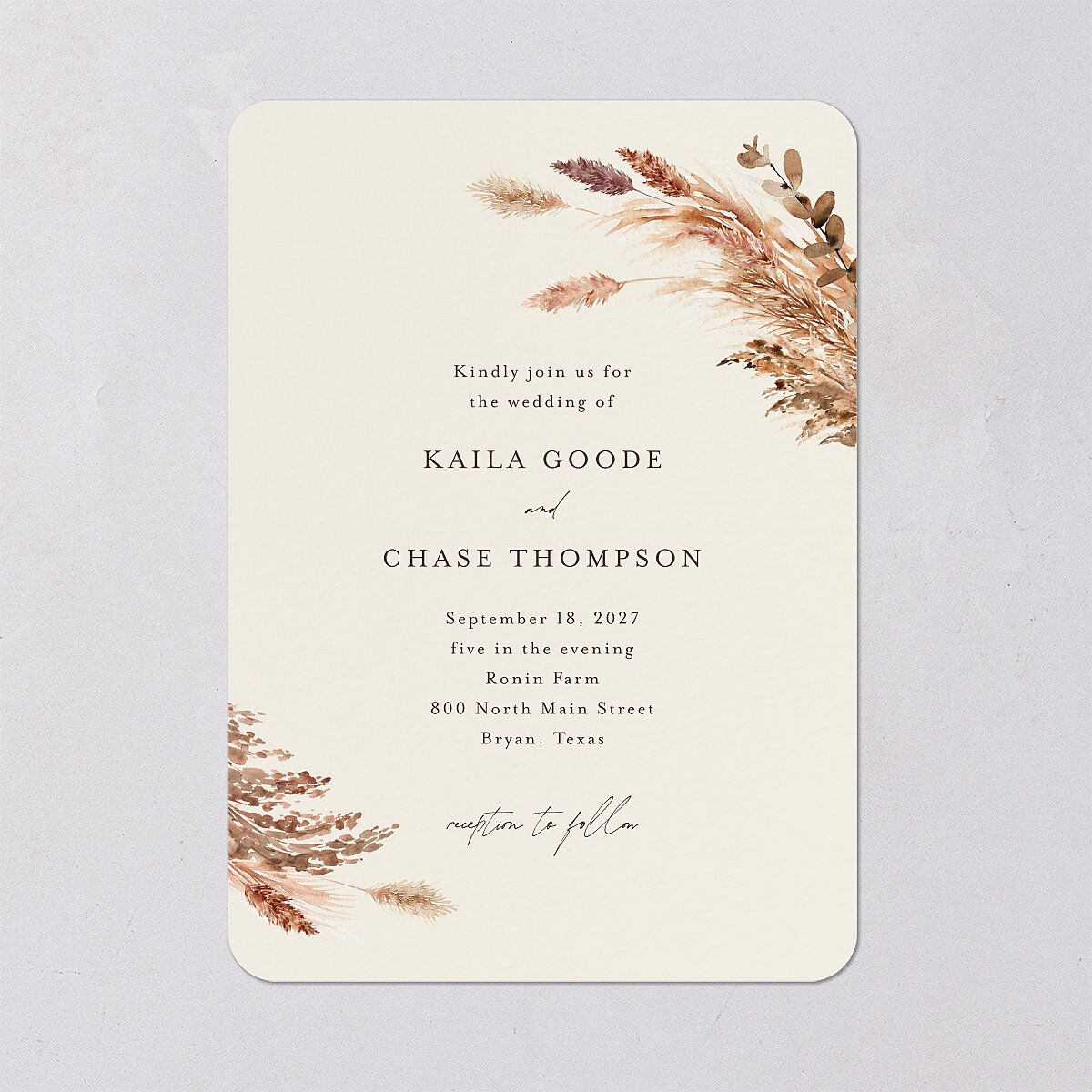 Soft Pampas Botanical Wedding Invitations Sepia Signature Blank No Rounded