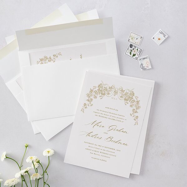 Antique Botanical Garland Wedding Invitations Champagne Signature Blank No Standard