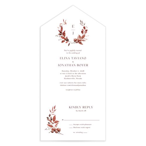 Leafy Rustic Monogram All-in-One Wedding Invitations Burgundy Signature Light Both Recipient and Return Addresses No