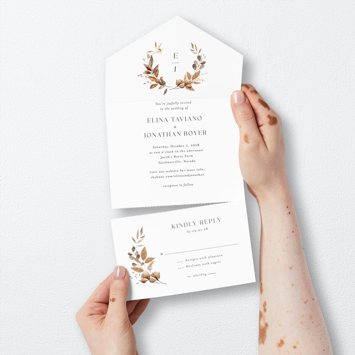 Leafy Rustic Monogram All-in-One Wedding Invitations Cotton Signature Light Both Recipient and Return Addresses No