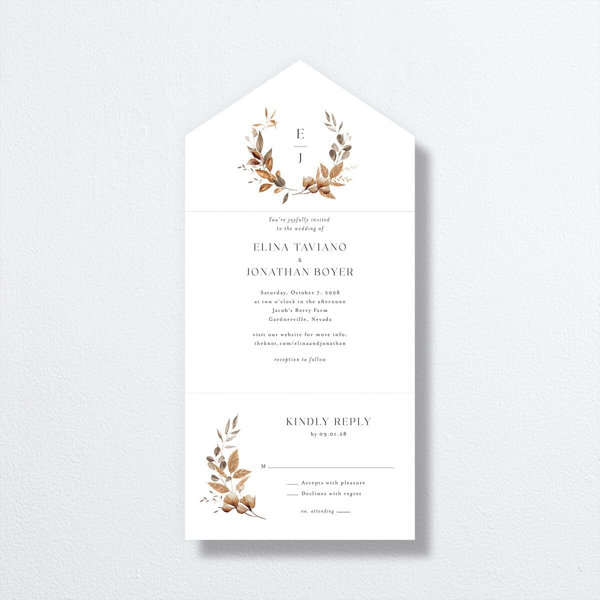 Leafy Rustic Monogram All-in-One Wedding Invitations Cotton Signature Light Both Recipient and Return Addresses No