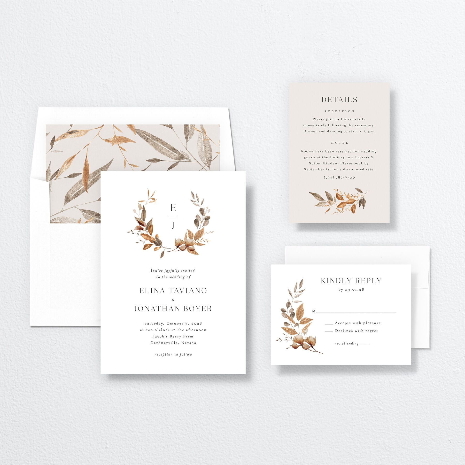 Leafy Rustic Monogram Wedding Invitations — view 5